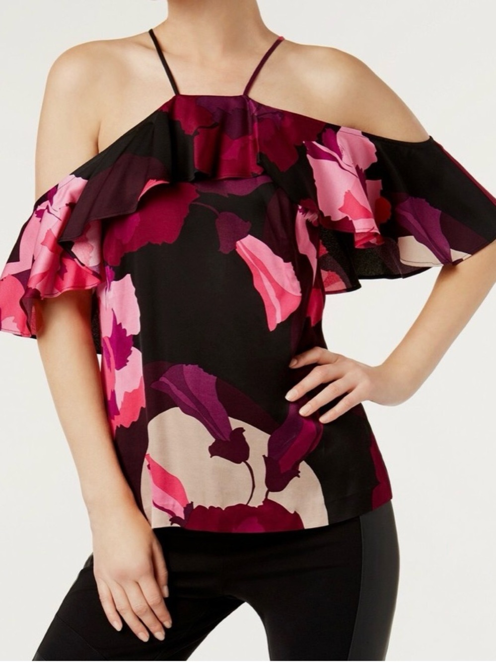 Trina Turk Black Cold-Shoulder Floral Ruffle Camisole with Pink Accents